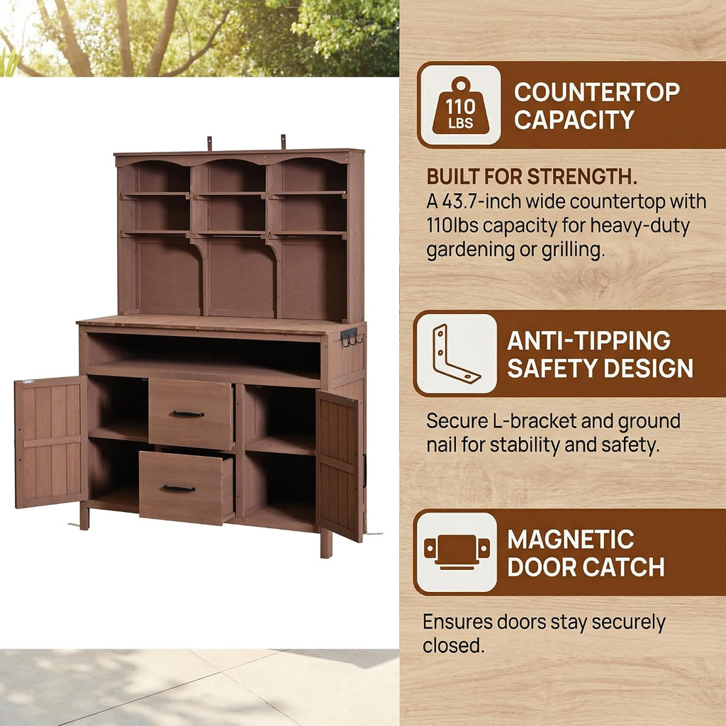 Polibi Large Fir Wood Potting Bench 45.3' Outdoor Patio Kitchen Island with Hutch, Cabinets, Drawers & Hooks, Multi-Functional Gardening Workbench for Grill, Brown