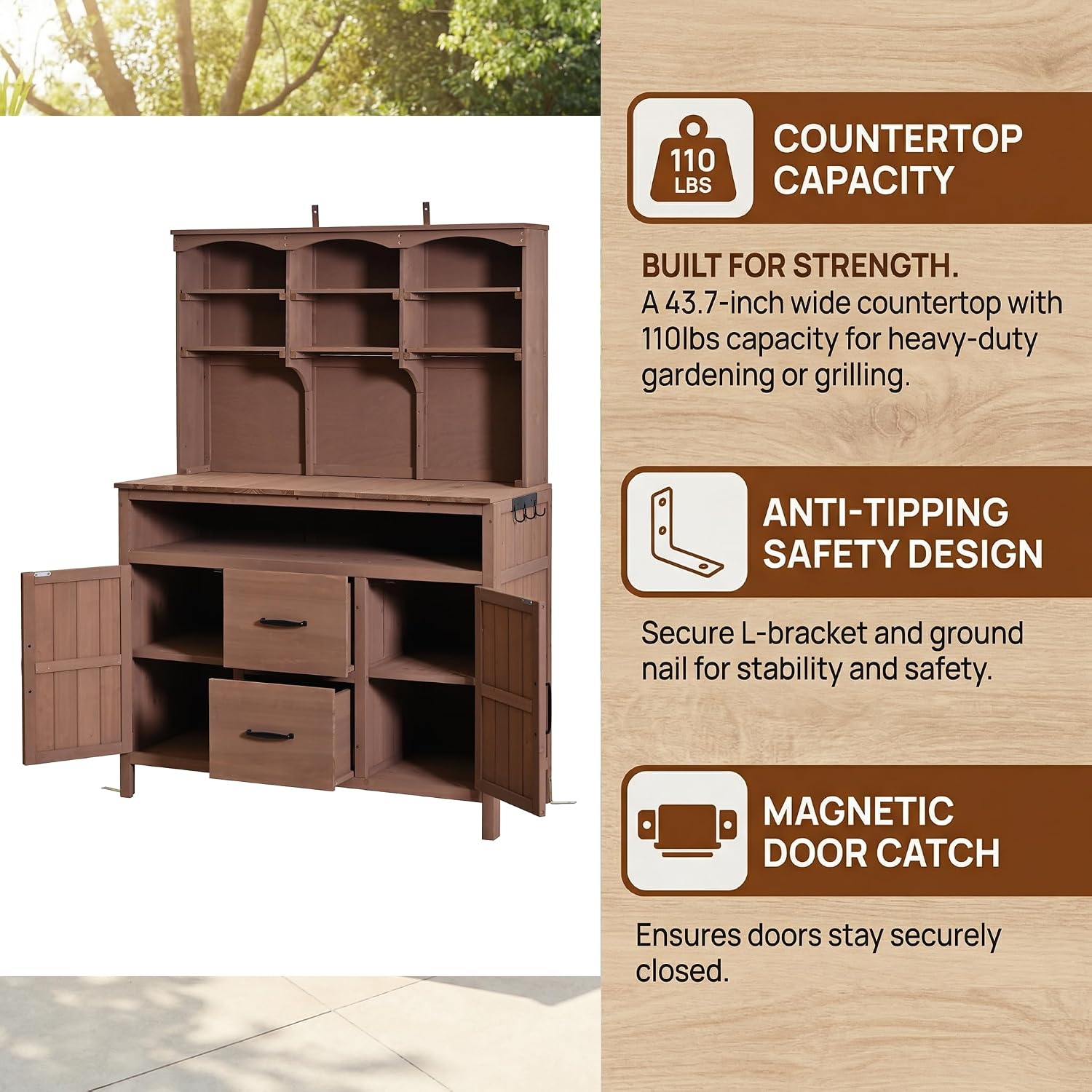 Polibi Large Fir Wood Potting Bench 45.3' Outdoor Patio Kitchen Island with Hutch, Cabinets, Drawers & Hooks, Multi-Functional Gardening Workbench for Grill, Brown