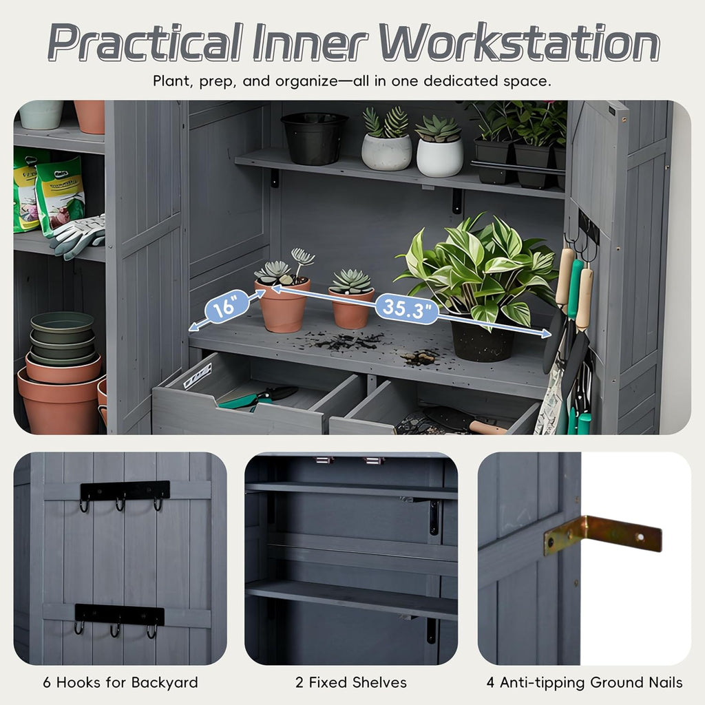 Outdoor Garden Storage Shed with Waterproof Roof, Farmhouse Potting Bench Table with 3 Doors Cabinets, 7 Storage Shelves, 2 Drawers, and 6 Hooks,Grey