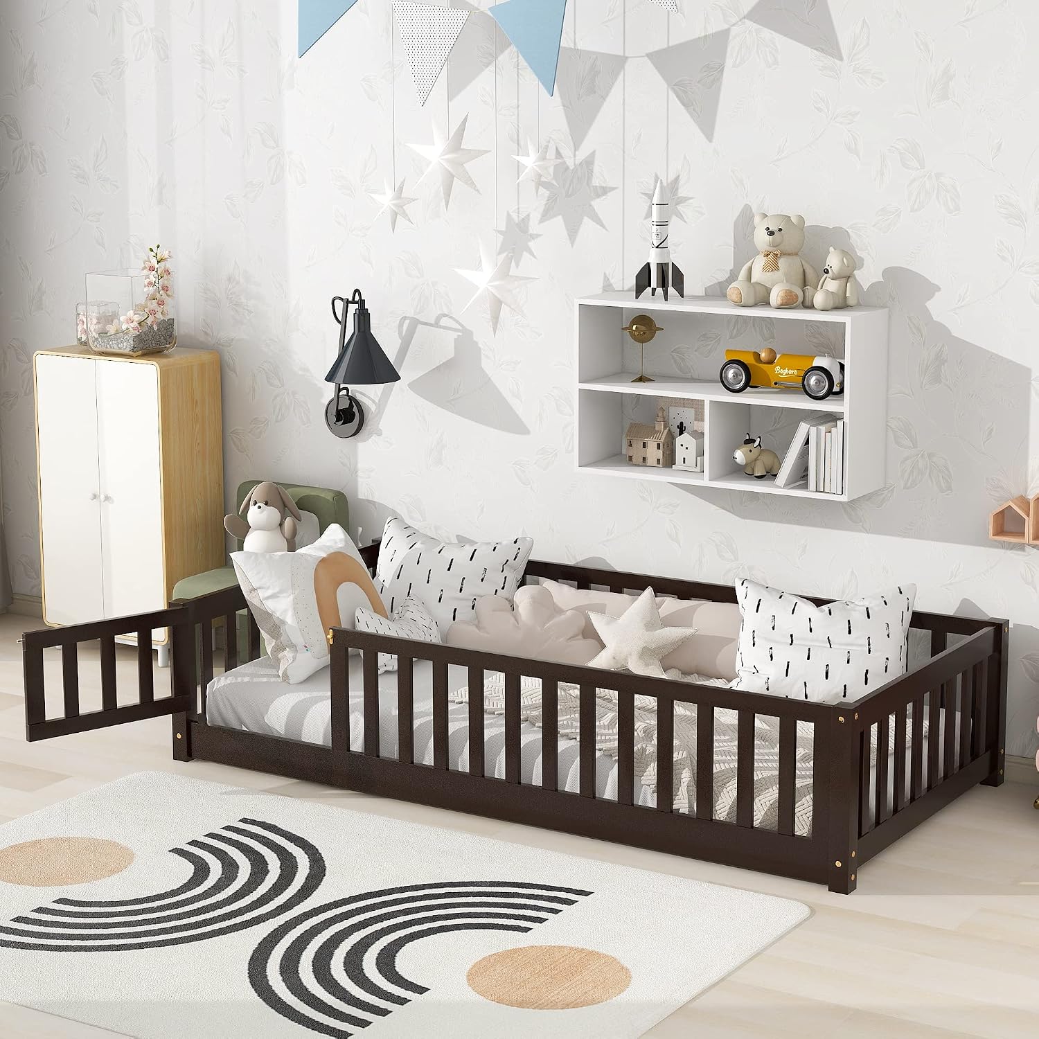 Bellemave Floor Bed for Kids,Twin Size Montessori Floor Bed with Door and Fence,Solid Wood Twin Bed Frame with Removable Slats for Girls Boys,Twin,Espresso