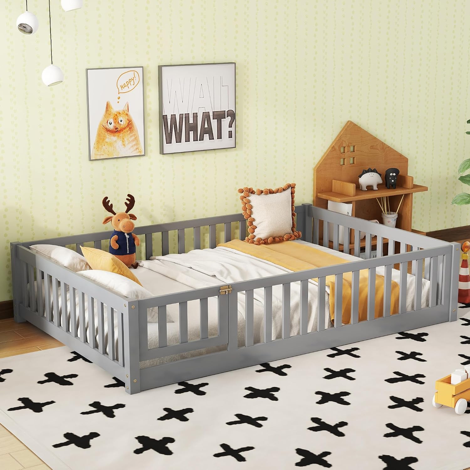 Full Size Floor Bed with Door and Fence for Kids, Montessori Floor Bed with Slats and Safety Guardrails,Solid Wood Floor Bed Frame Full Size for Girls Boys(Full,Gray)