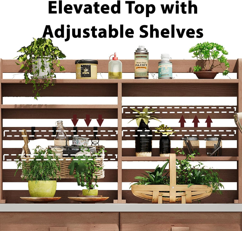 64.9' H Outdoor Potting Bench Table with Lockable Wheels, 52' W×22.2' D×64.9' H, Solid Fir Wood, Stainless Steel Top, 2 Drawers, Outdoor Storage for Grilling/Gardening, Brown