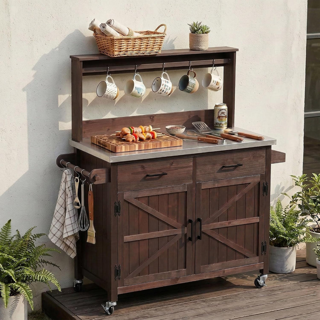 54.1' Outdoor Kitchen Island with High Shelf – Large Potting Bench Table Featuring Stainless Steel Top, Solid Wood Grill Cart, Lockable Wheels & Smart Storage for BBQ, Garden(Brown)