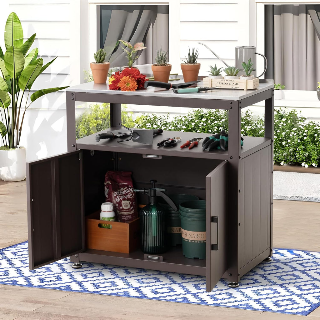 Feasto Heavy-Duty Potting Bench with Storage & Stainless Steel Top | Outdoor Garden Work Table with 200lb Capacity, Adjustable Shelf & Feet, Brown