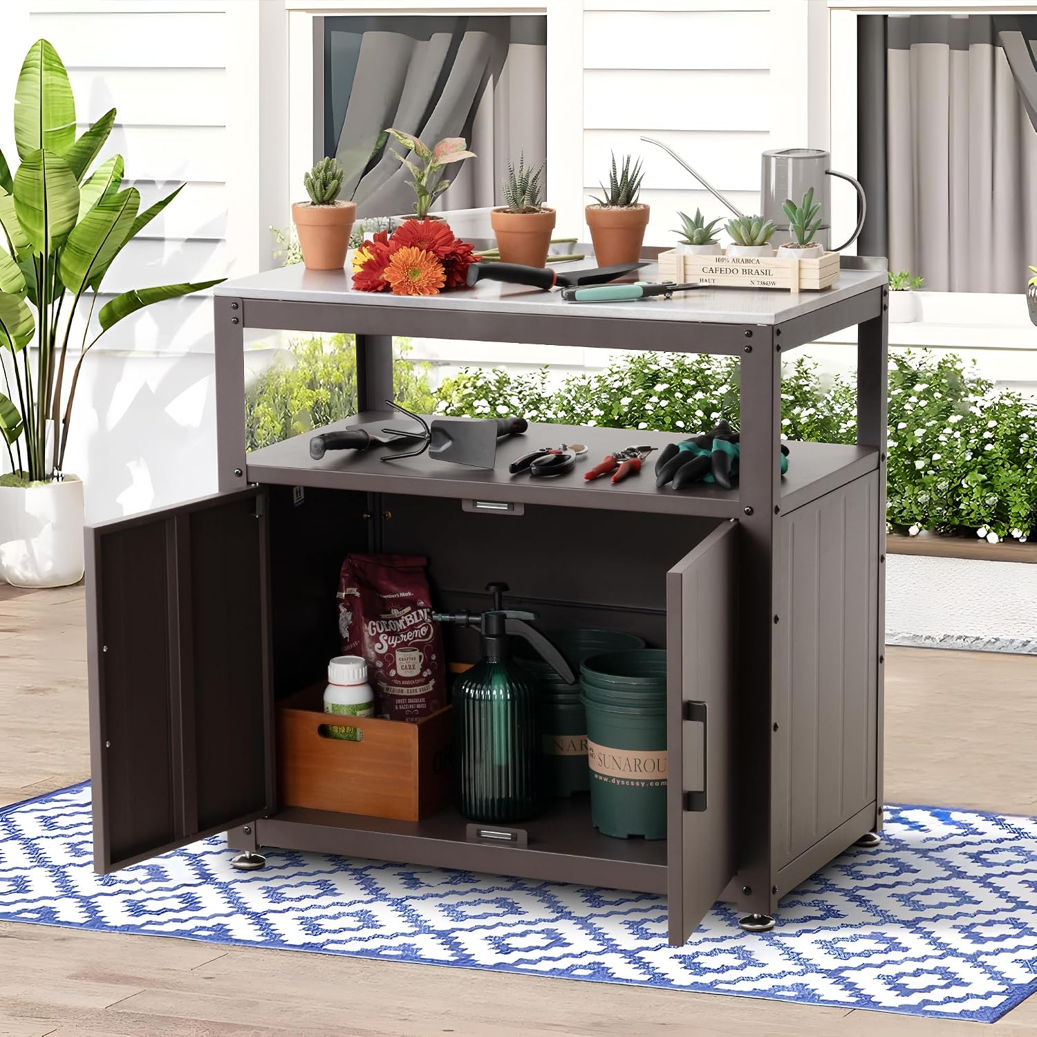 Feasto Heavy-Duty Potting Bench with Storage & Stainless Steel Top | Outdoor Garden Work Table with 200lb Capacity, Adjustable Shelf & Feet, Brown
