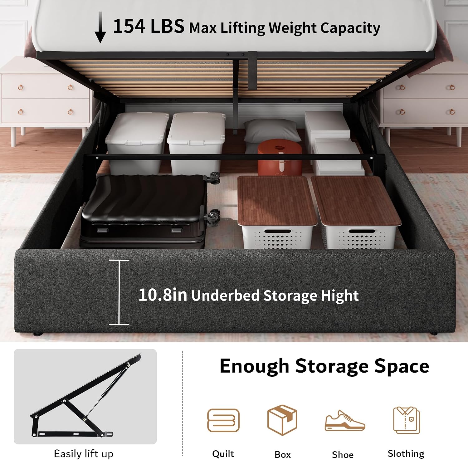 iPormis Full Size Lift Up Storage Bed Frame with Charging Station, Upholstered Platform Bed Frame with Tufted Headboard, Hydraulic Storage, No Box Spring Needed, Noise-Free, Easy Assembly, Dark Grey
