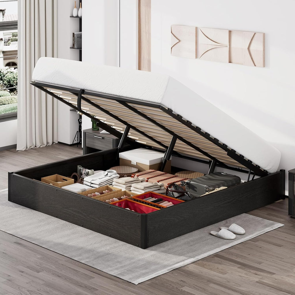 LUXOAK Full Size Lift Up Storage Platform Bed Frame, Metal Bed Frame with Wooden Slats Support, No Box Spring Needed, Large Storage Space, Noise Free, Easy Assembly, Black