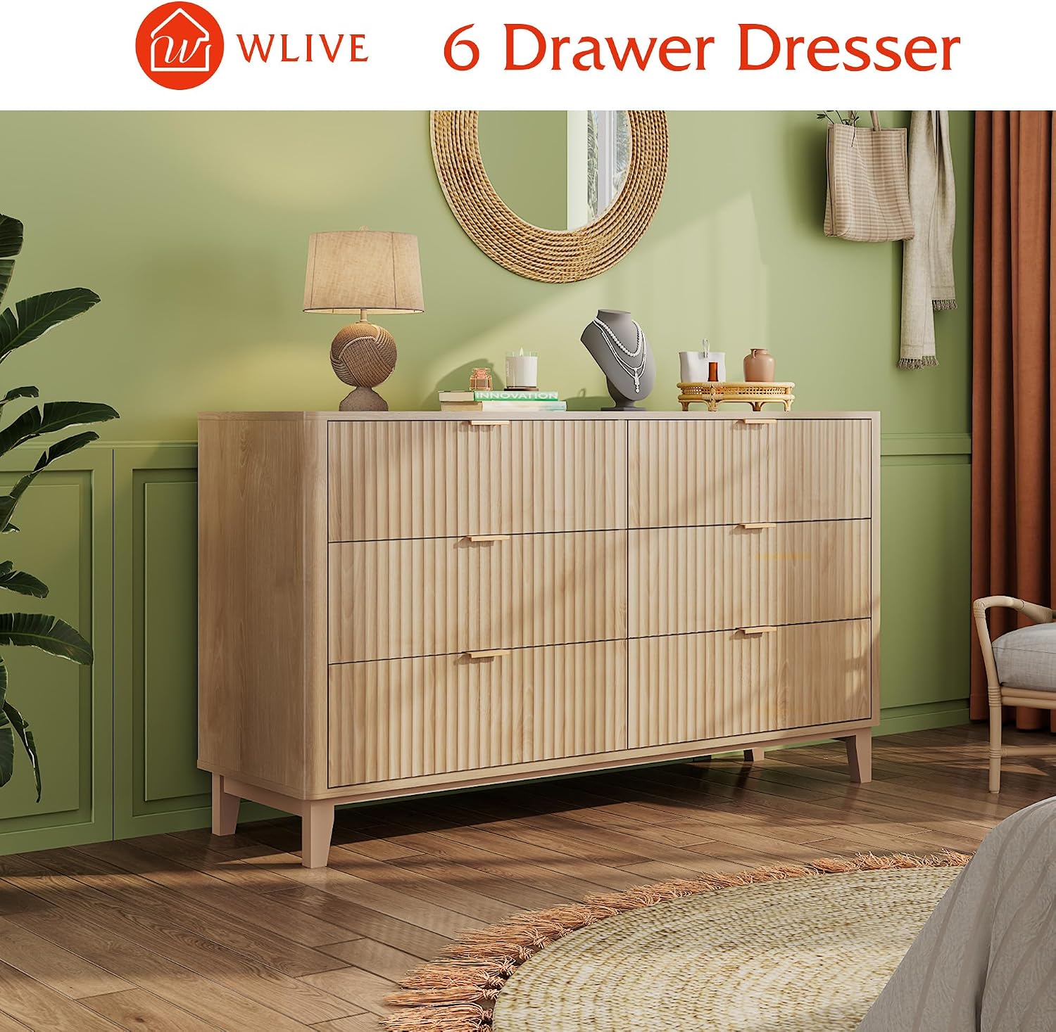 WLIVE Fluted Dresser for Bedroom with 6 Drawers, 54' Wide Wood Dresser with Metal Handles, TV Stand for 65 inch TV, Mid Century Modern Chest of Drawers for Living Room, Hallway, Closet, Natural Oak
