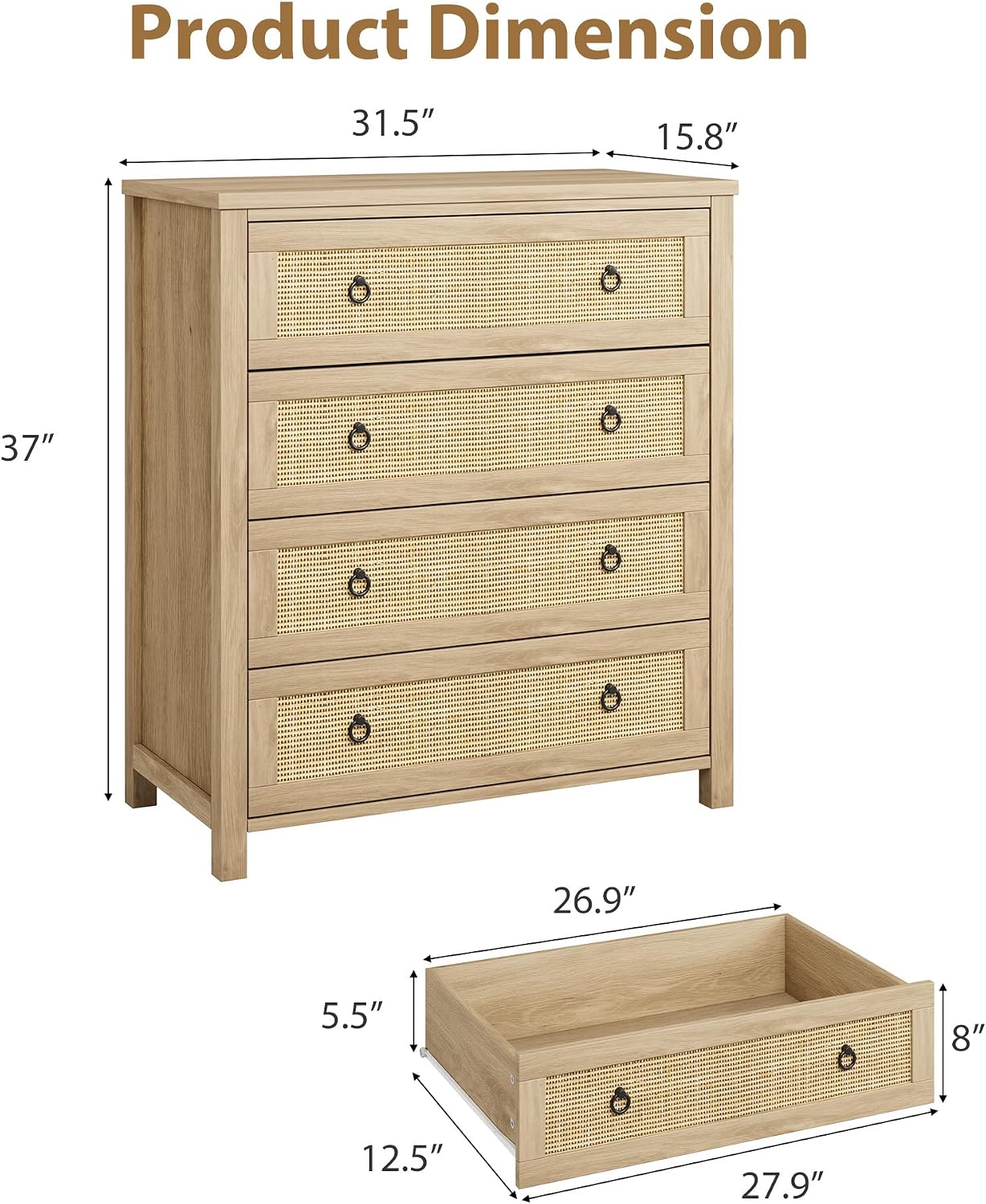 IDEALHOUSE Rattan Dresser for Bedroom, Chest of Dressers 37' Tall Dresser for Closet with 4 Rattan Drawers Chest with Clothes Storage Cabinet, Drawer Organizer for Bedroom, Living Room, Hallway