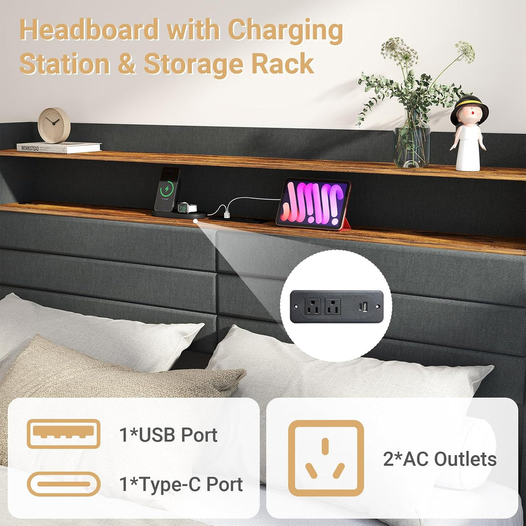 Zevemomo Queen Bed Frame with 4 Storage Drawers, Queen Size Upholstered Bed Frame with Headboard, LED, Charging Station with USB Ports & AC Outlets, Sturdy Metal Slat Support, Noiseless, Gray