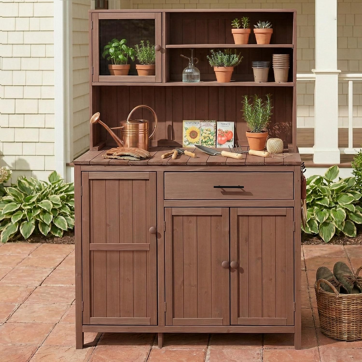 Potting Bench with Hutch, 65' H Solid Fir Wood Garden Workstation, Large Countertop,Patio Kitchen Island with Adjustable Shelves,Spice Rack, Side Hook and Drawer (Brown-Drawer)