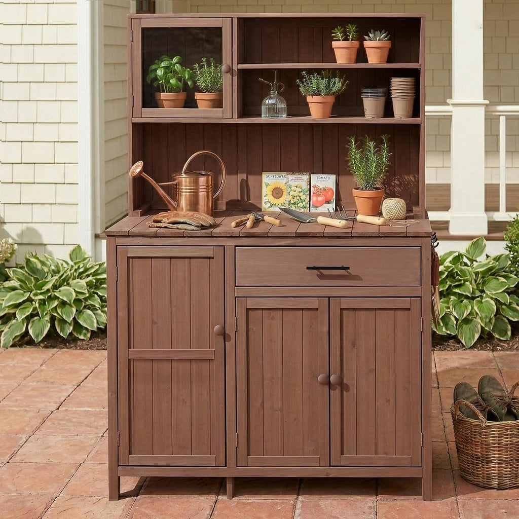 Outdoor Potting Bench with Large Countertop and Hutch, Wood Garden Workstation with Adjustable Shelves, Spice Rack, Side Hook and Drawer (Brown)