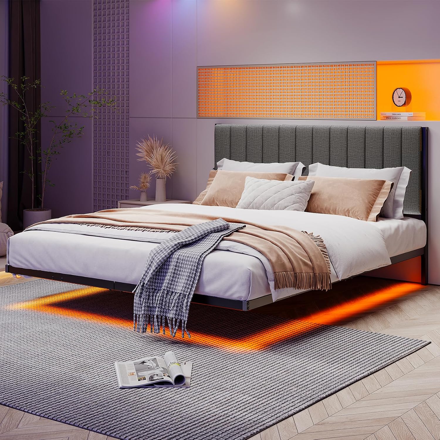 Floating Queen Bed Frame with LED Lights & Charging Station,Modern Metal Platform Bed Frame Queen Size with Upholstered Headboard,No Box Spring Needed,Heavy Duty Steel Slats,Easy Assembly,Noise Free