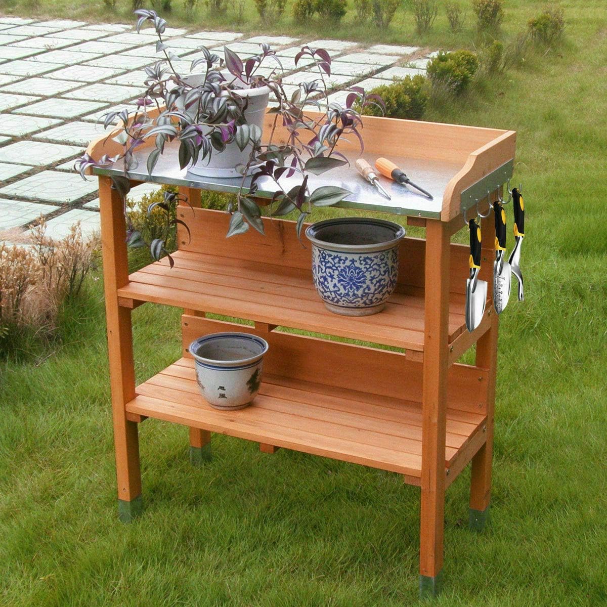 Multi-Function Desk Work Station Potting Bench Table Tool Shelf Storage Room Garage, Indoor Outdoor Garden Wooden Recessed Deck Potting Patio Balcony
