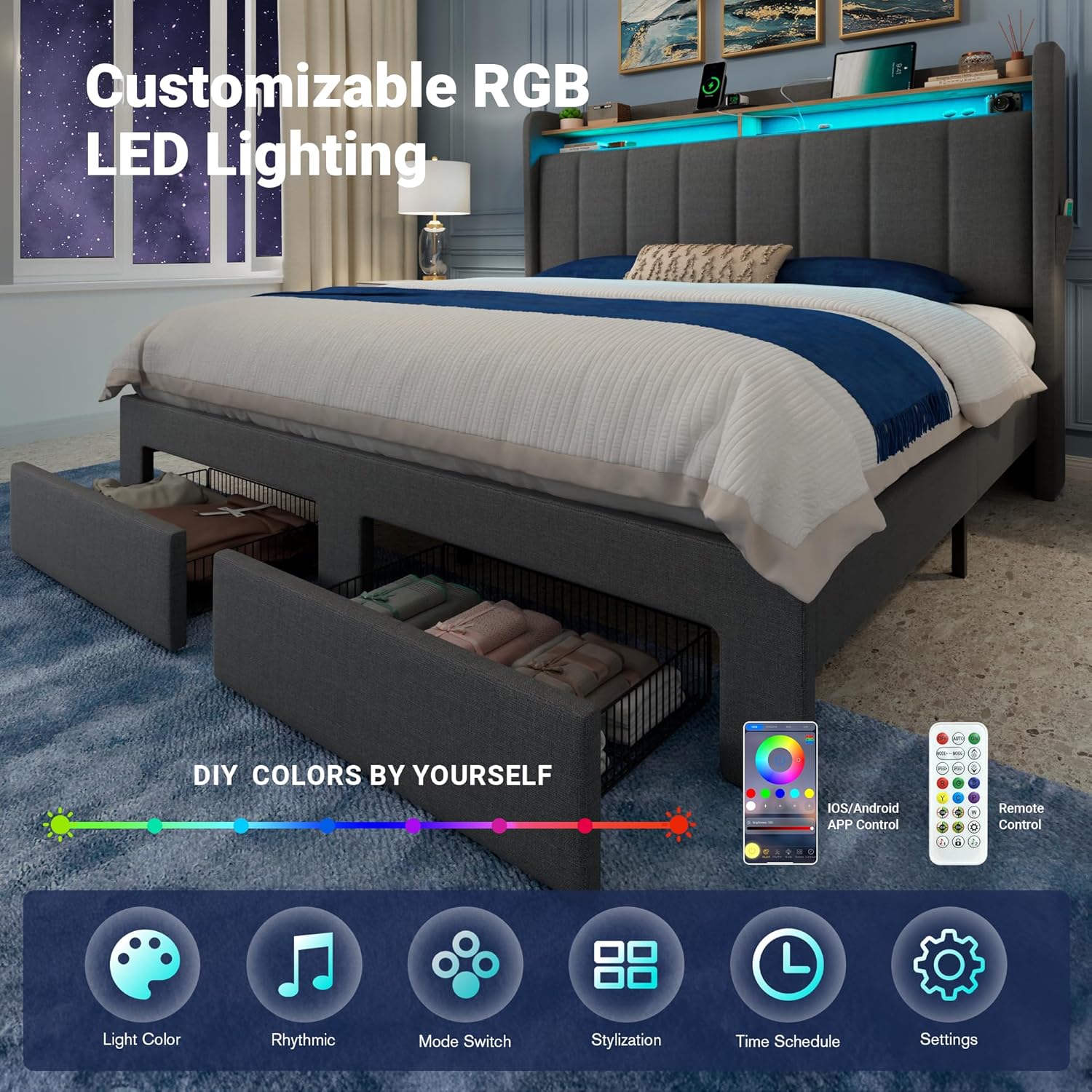 Allewie Vertical Tufted Full Size Upholstered Platform Bed Frame with 2-Tier LED Storage Headboard & 2 Storage Drawers, USB & Type-C Charging Ports, Noise-Free/No Box Spring Needed, Dark Grey