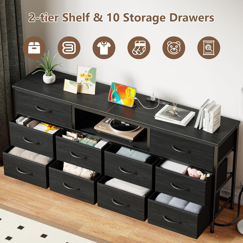 Furnulem 63' Long Dresser for Bedroom, TV Stand for 65 to 75 inch TV, Black Dresser with 10 Fabric Drawers, Chest of Drawer for Closet, Entertainment Center with Power Outlet & LED Light