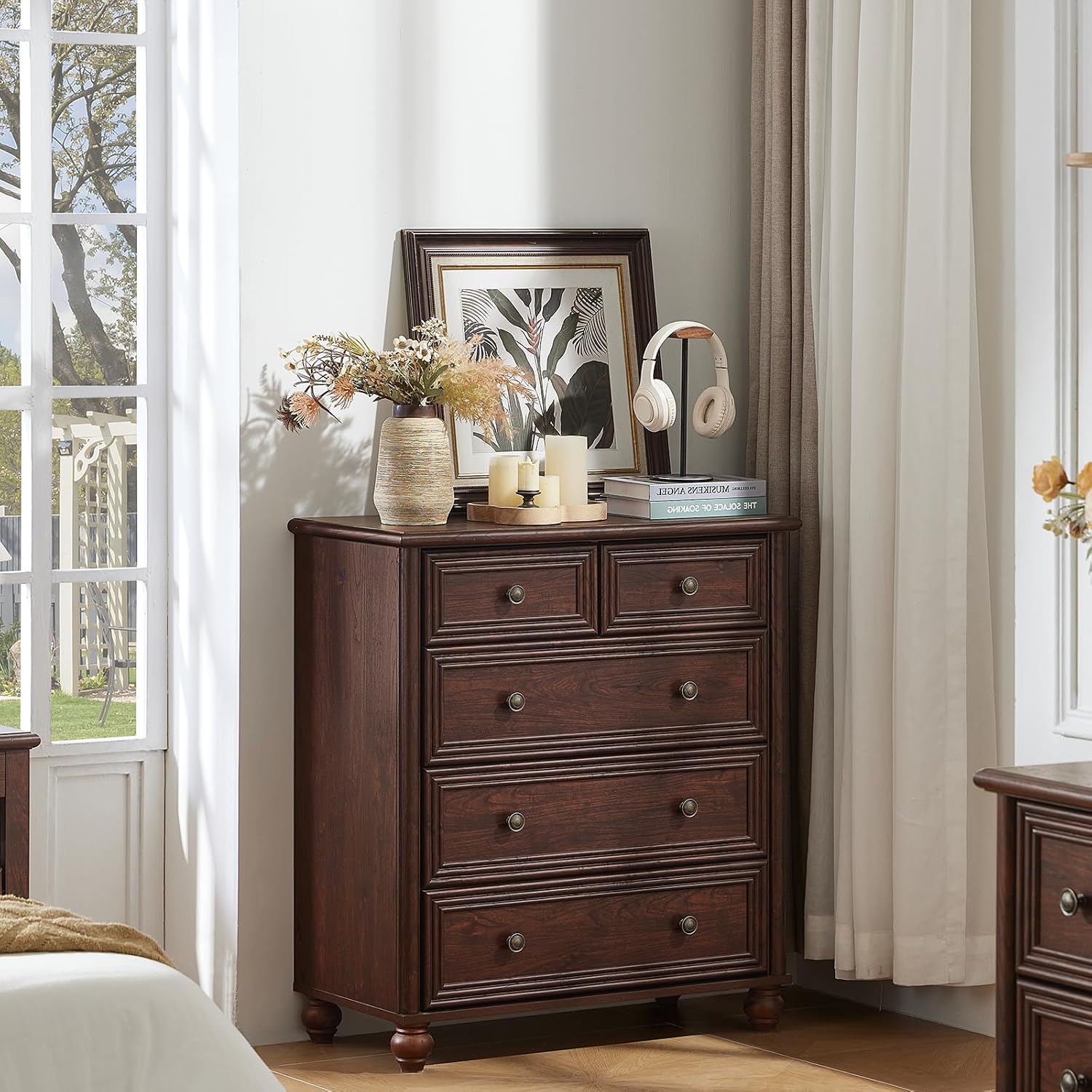 RWYHG Farmhouse 5 Drawer Dresser for Bedroom, 35.5' Walnut Tall Small Dressers & Chest of Drawers, Rustic Wood Dresser with Roman Column, Storage Organizer for Living Room, Hallway, Closet