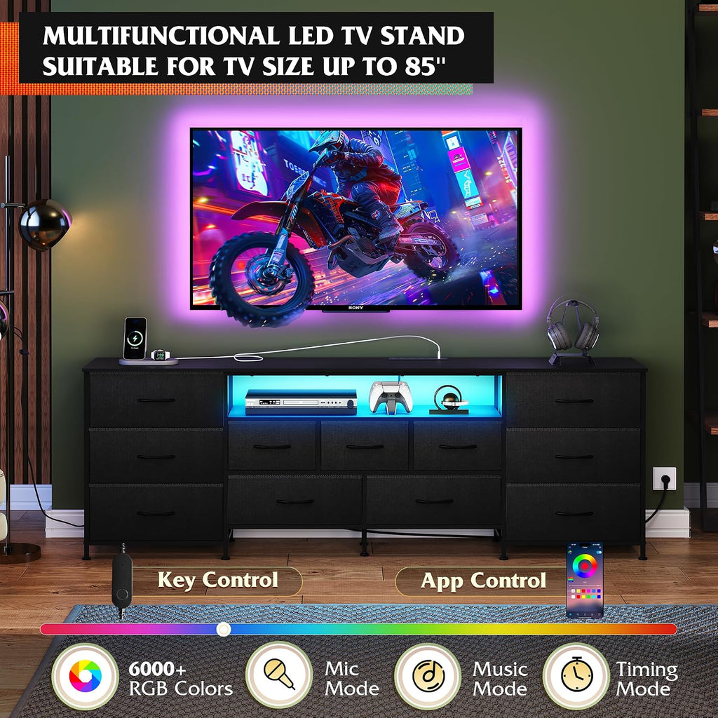 WLIVE 75.5' TV Stand for 65, 75, 80, 85 Inch TV, Dresser for Bedroom with Power Outlets & LED Lights, 11 Drawer Fabric Dresser with Open Shelves, Entertainment Center with Storage, Black