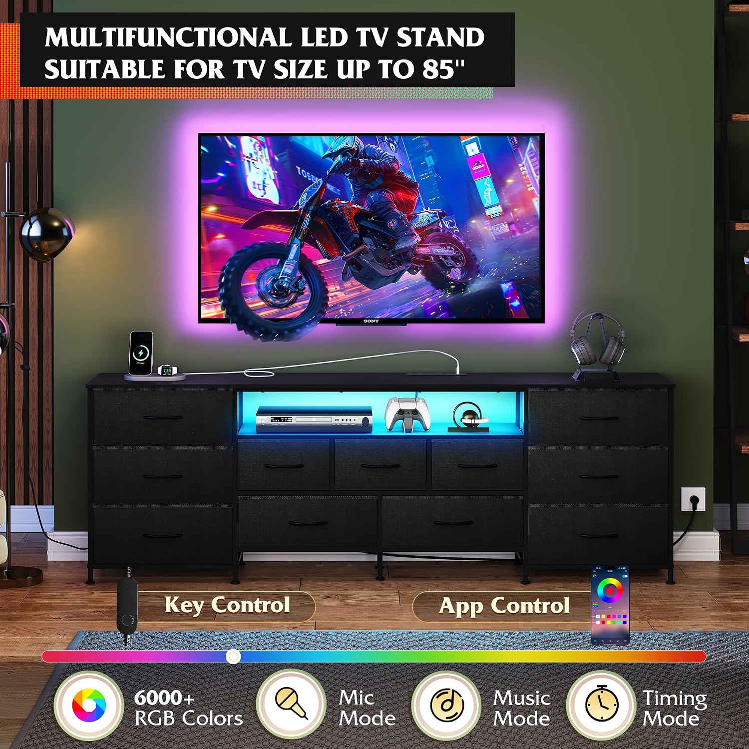 WLIVE 75.5' TV Stand for 65, 75, 80, 85 Inch TV, Dresser for Bedroom with Power Outlets & LED Lights, 11 Drawer Fabric Dresser with Open Shelves, Entertainment Center with Storage, Black