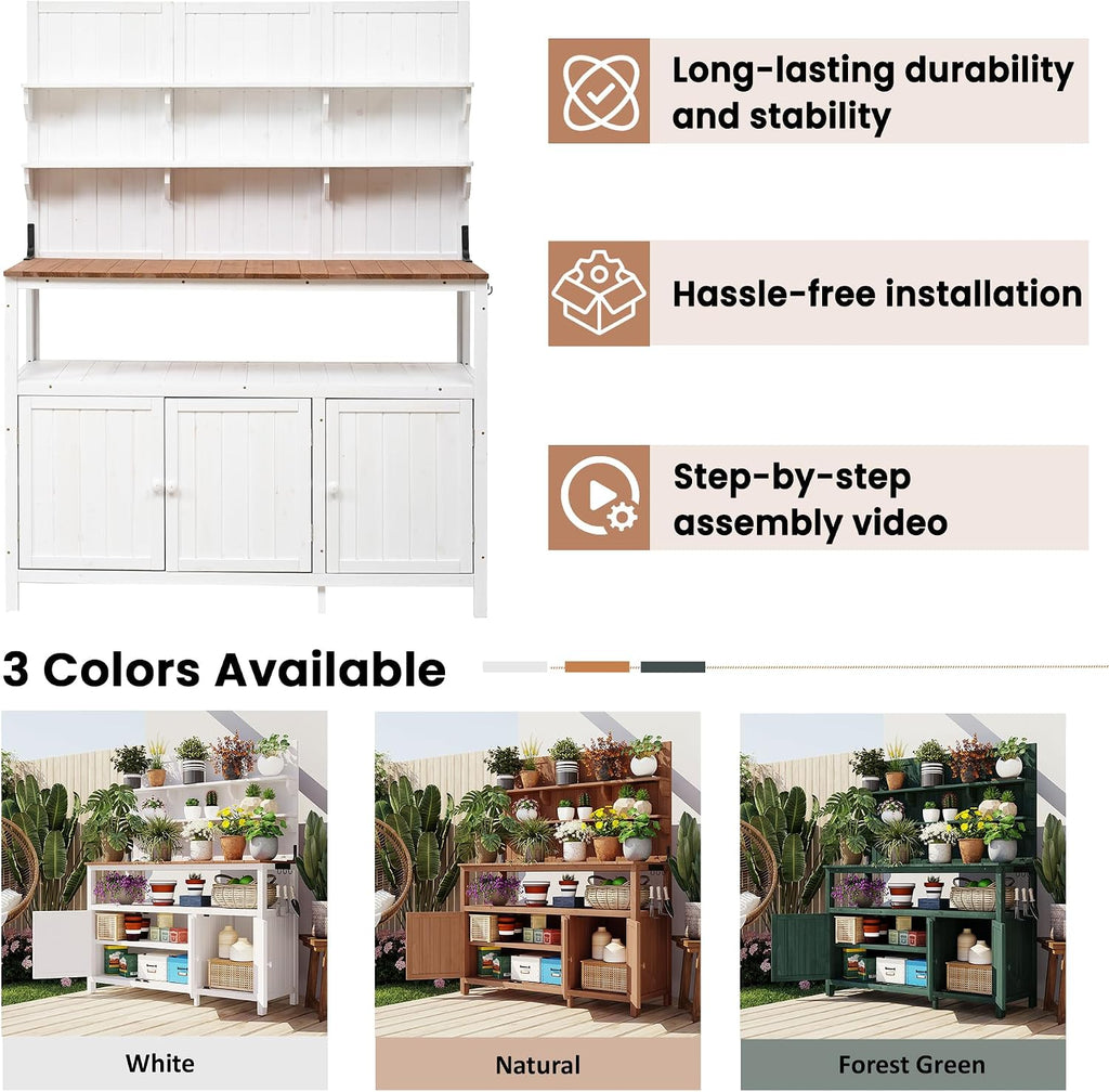 P PURLOVE Outdoor Potting Bench with Hutch,50.2' Wood Garden Workstation Table with Shelves,2 Cabinets, 3 Side Hooks, Outdoor Planting Table for Gardening,White