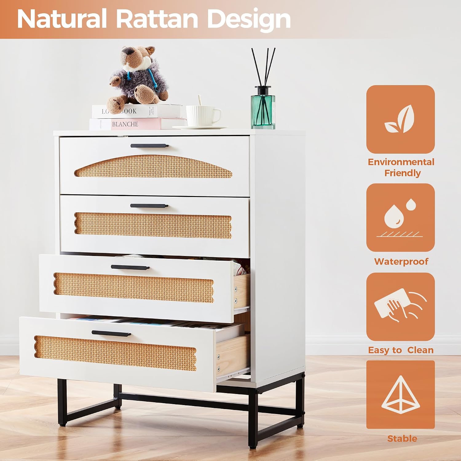 Mericonia 4 Drawer Rattan Dresser for Bedroom, Wood Tall Dresser for Closet with Metal Handles, Boho Nightstand Sets, Dressers & Chests of Drawers for Bedroom, Hallway and Entryway, White