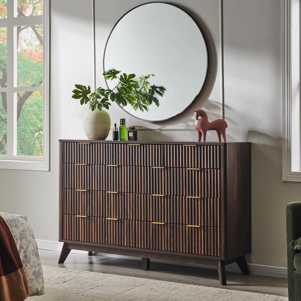 T4TREAM Fluted 9 Drawers Dresser, 54' Wide Modern Chest of Drawers, Curved Profile Design, Dresser TV Stand, Wood Drawer Organizer for Bedroom, Living Room, Hallway, Dark Walnut