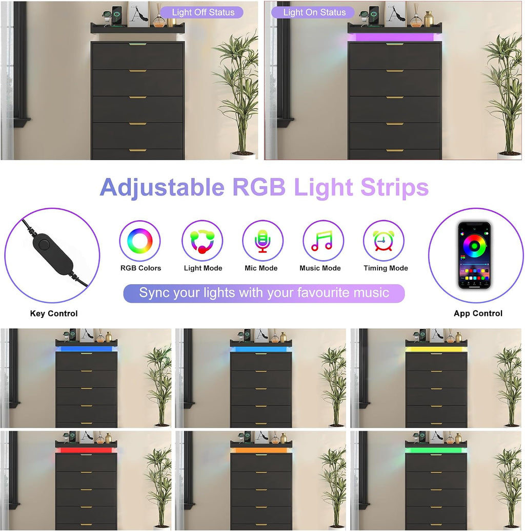 UNIQUITE Tall Dresser for Bedroom, Black Dresser with LED Lights, Wood 5 Drawer Chest with Power Outlet, Modern Tall Chest of Drawers for Bedroom, Entryway, Hallway