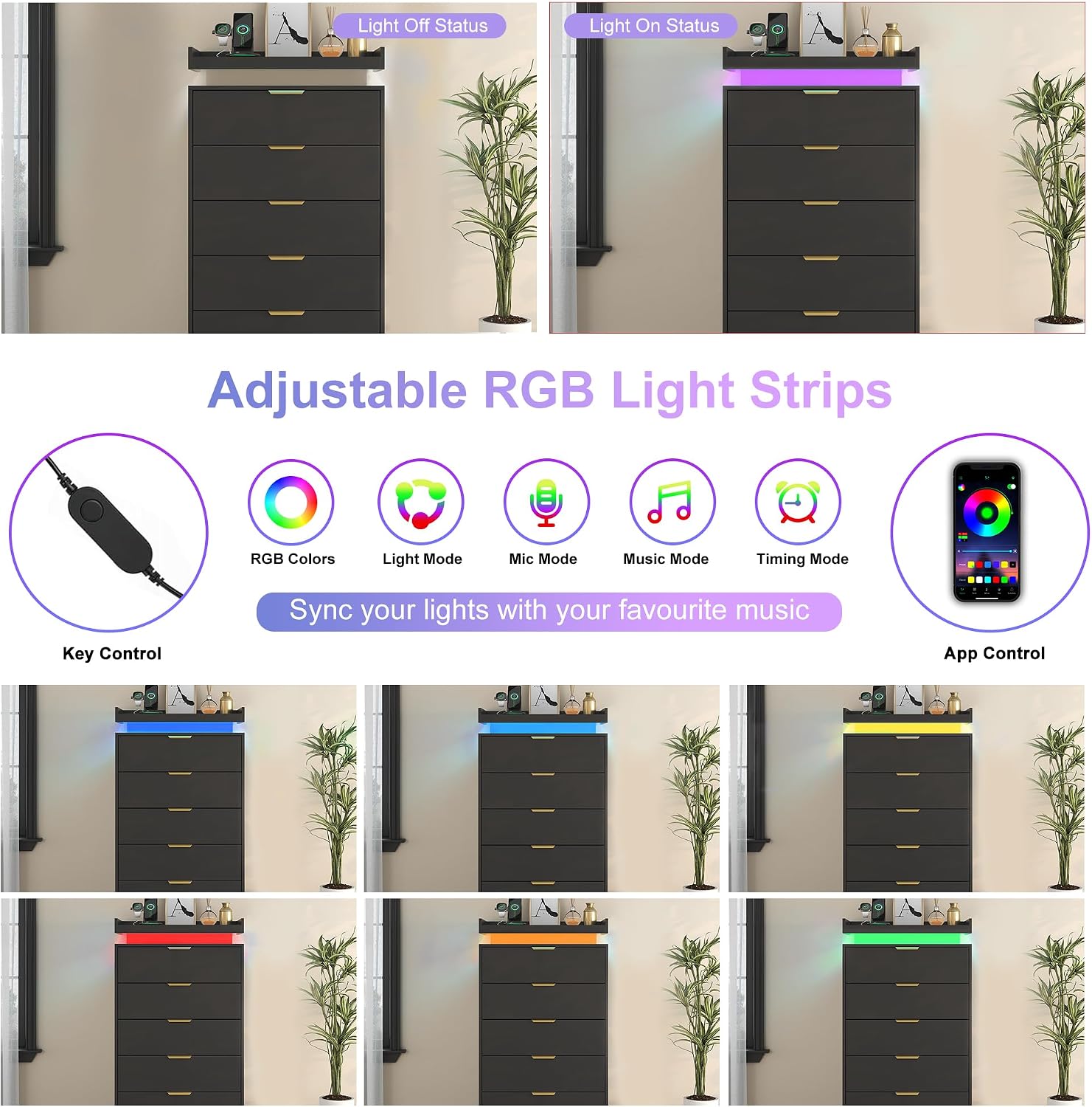 UNIQUITE Tall Dresser for Bedroom, Black Dresser with LED Lights, Wood 5 Drawer Chest with Power Outlet, Modern Tall Chest of Drawers for Bedroom, Entryway, Hallway