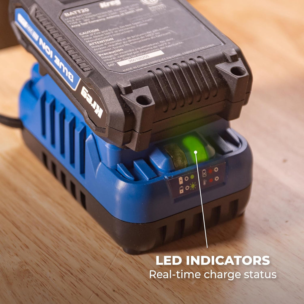 Kreg Blue Ion 2.0 Ah Battery & Charger Starter Kit - Durable Rechargeable Battery & Charger for Workshop & DIY Projects - Impact Resistant & Lightweight - BCB2A20A