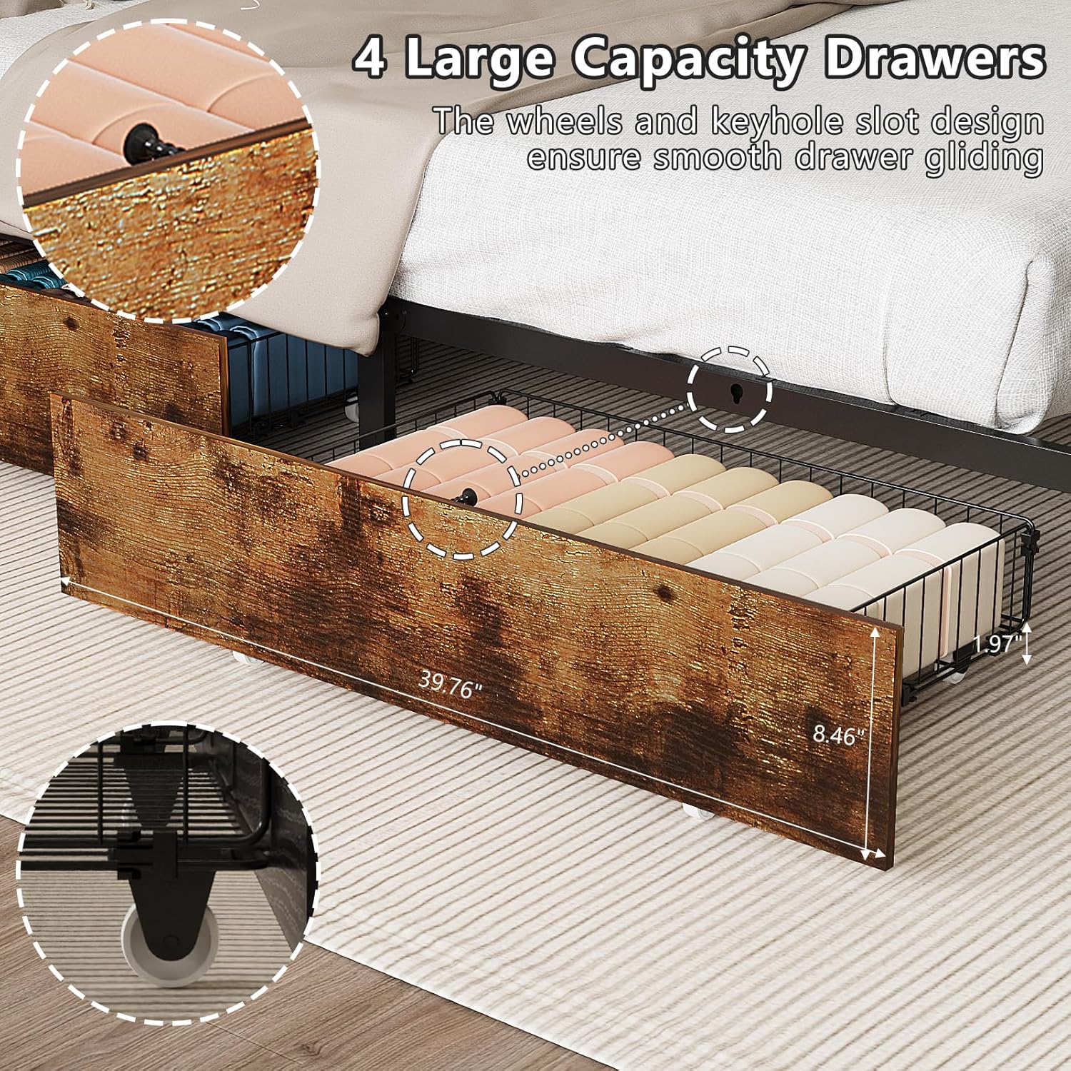 VINGLI Queen Bed Frame with 4 Storage Drawers and Headboard, Metal Platform Panel Bed with Charging Station and RGB LED Lights, No Box Spring Needed, Noise Free, Easy Assembly, Vintage Brown