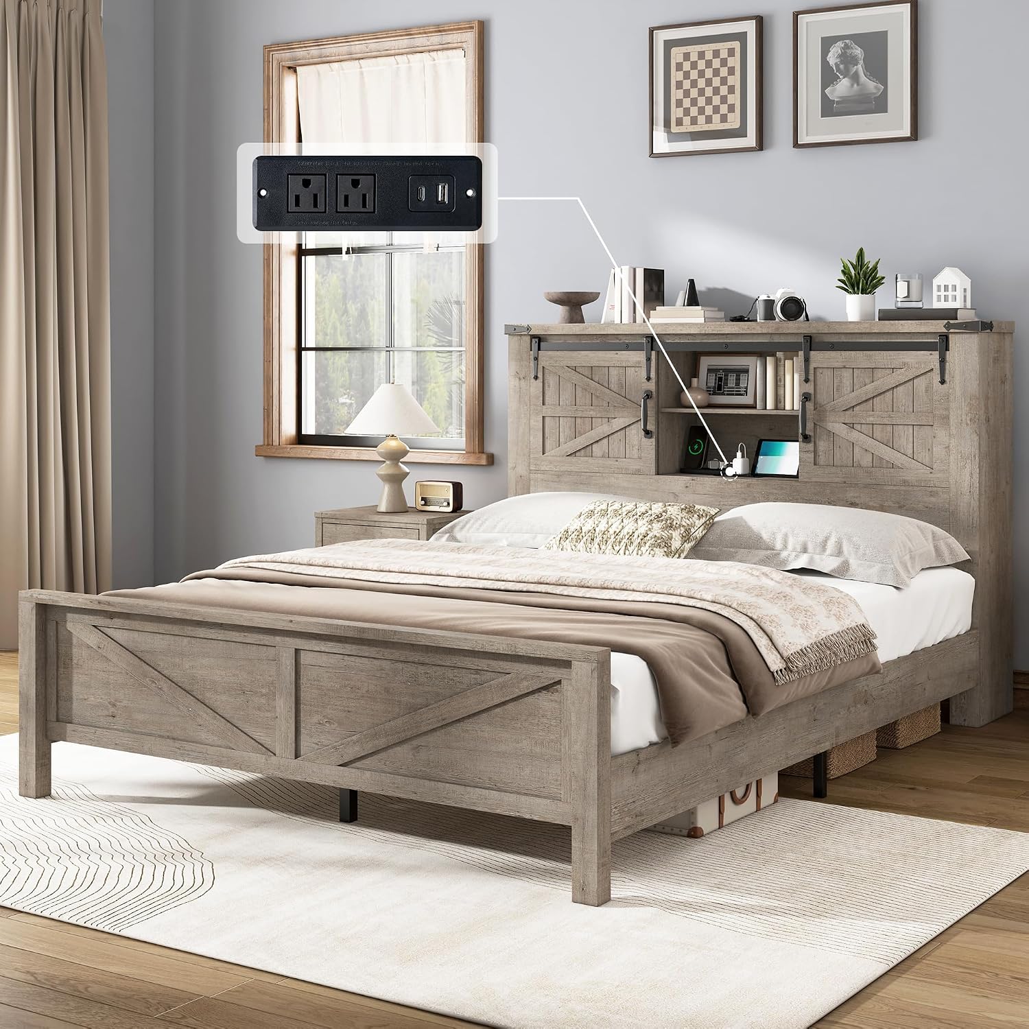 AMERLIFE 4 Pieces Farmhouse Bedroom Set, Includes Queen Size Bookcase Headboard Bed Frame, 5 Drawer Tall Dresser, 47'' Dresser with 4 Drawers, 60' Dresser with 4 Drawers, Light Rustic Oak