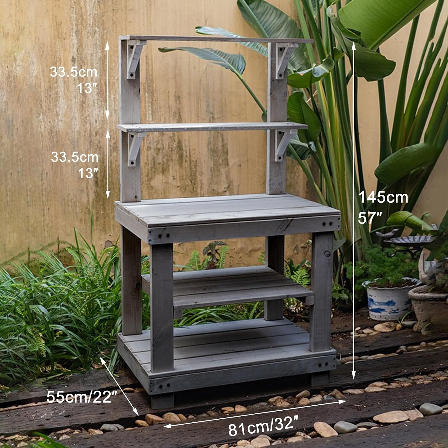 Outdoor Potting Bench Garden Potting Table, Horticulture Work Table Workstation with Storage Shelf, Potting Work Bench Station for Garden Patio Backyard (Color : Gris, Size : Small)