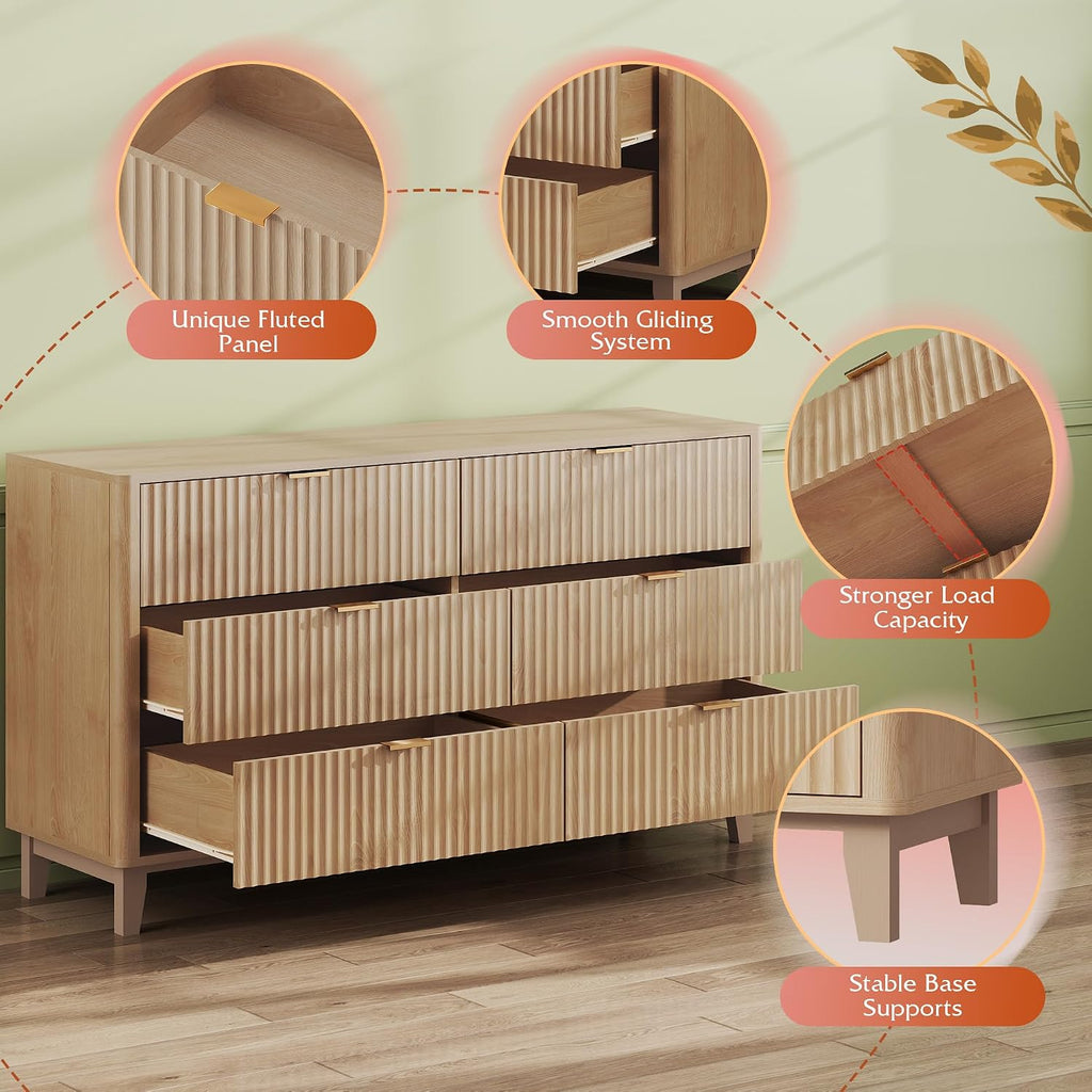 WLIVE Fluted Dresser for Bedroom with 6 Drawers, 54' Wide Wood Dresser with Metal Handles, TV Stand for 65 inch TV, Mid Century Modern Chest of Drawers for Living Room, Hallway, Closet, Natural Oak
