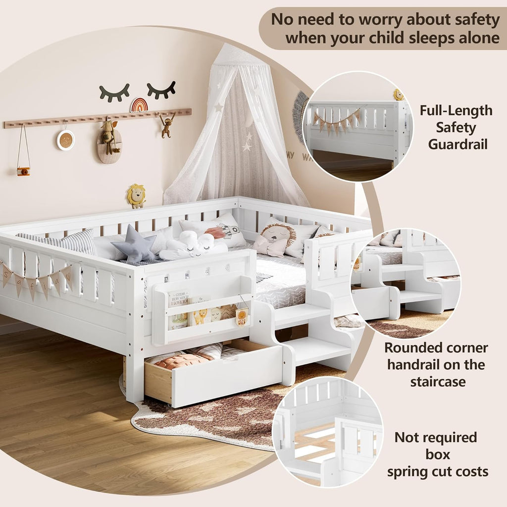 Bellemave Full Size Bed with Slats and Stairs, Full Size Platform Bed Frame with Fence, Bookshelf and Storage Drawers, Easy Assemble Beds for Kids, Girls, Boys, White