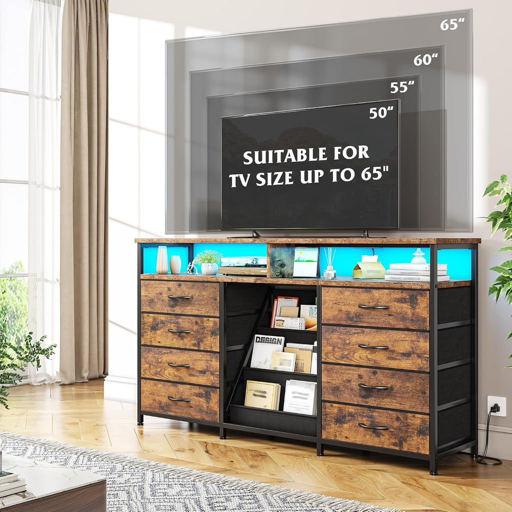 EnHomee 55 ' W Dresser for Bedroom with Bookrack & 8 Fabric Drawers, Dresser TV Stand with Power Outlet & LED Lights for 65 Inch TV, Chest of Drawers for Cabinet, Entryway,Rustic Brown