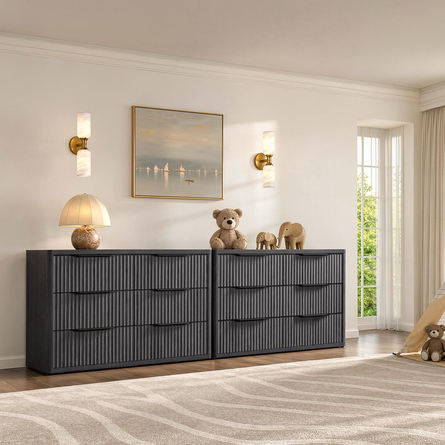 SICOTAS Dresser for Bedroom 53.5' Wide 6 Drawer Dressers & Chests of Drawers for Closet Long Large Modern TV Stand Set for Clothes Storage Fluted Clothes Closet for Hallway Entryway, Dark Grey Alder