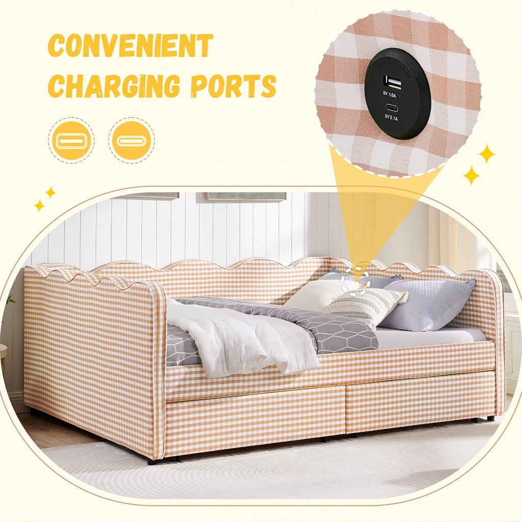 DEINPPA Queen Size Upholstered Daybed with 2 Storage Drawers, Gingham Daybed with USB Ports for Bedroom Living Room Guest Room-Pink