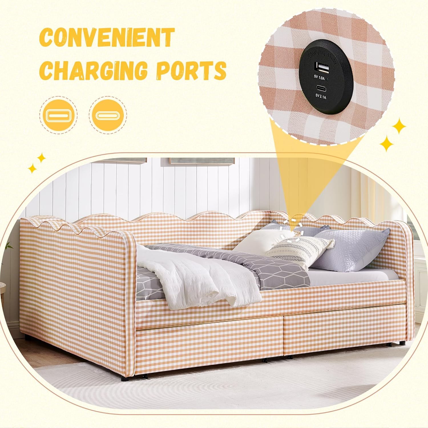 DEINPPA Queen Size Upholstered Daybed with 2 Storage Drawers, Gingham Daybed with USB Ports for Bedroom Living Room Guest Room-Pink