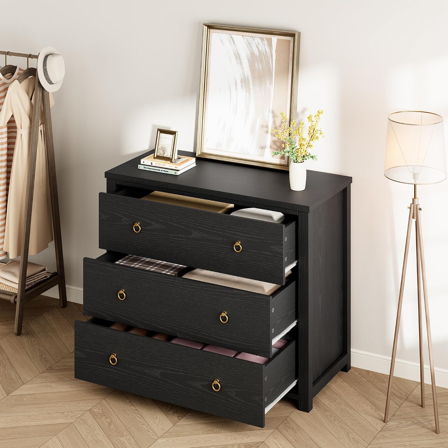 IDEALHOUSE 3 Drawer Dresser for Bedroom, 29' Tall Chest of Drawers, Wood Dresser for Closet, Clothes Storage Cabinet & Drawer Organizer for Living Room, Hallway, Entryway, Black