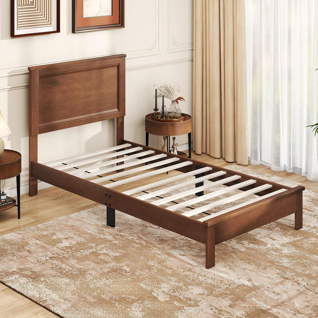 GOFLAME Twin Size Wood Bed Frame, Mid-Century Modern Platform Bed with Headboard, Solid Wood Legs, Mattress Foundation with 12 Wooden Slats, No Box Spring Needed, Walnut