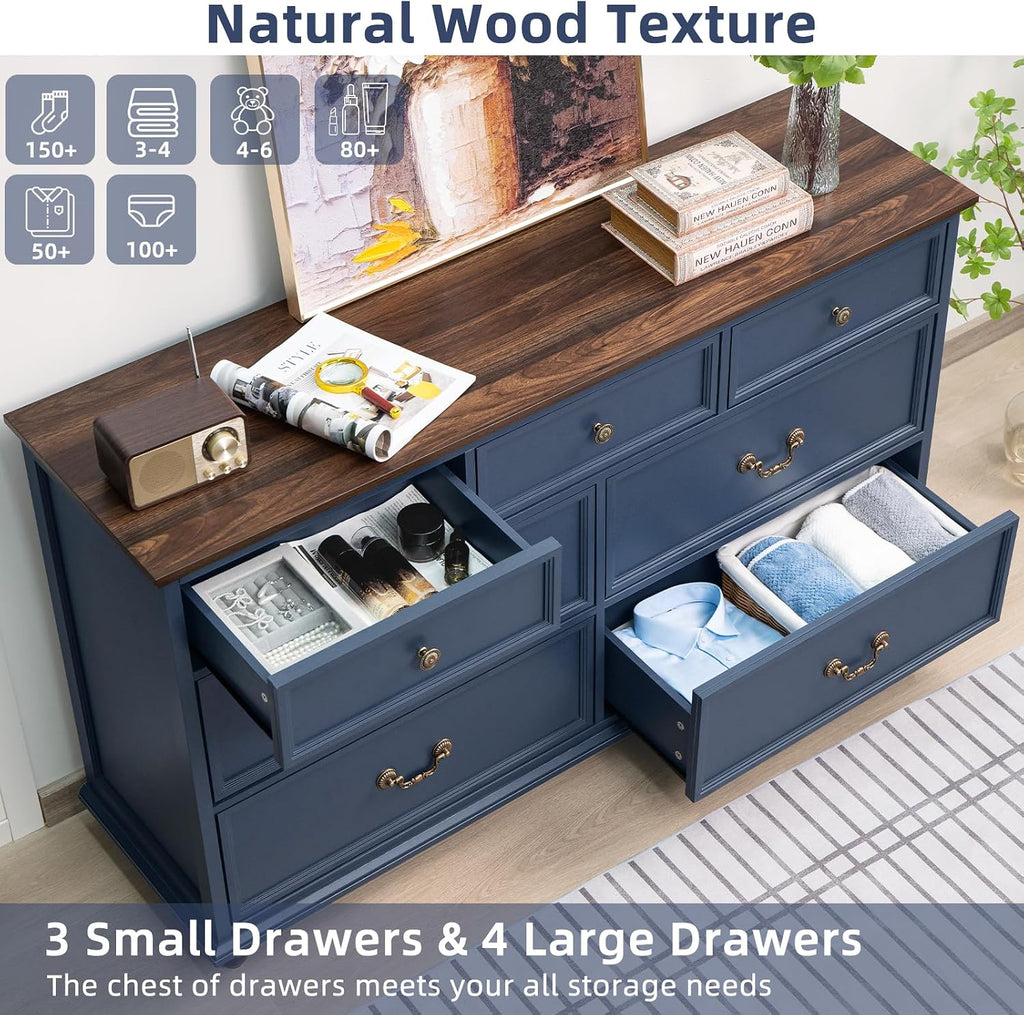 Joaxswe Farmhouse 54' 7 Drawers Dresser for Bedroom, Wide Chest of Drawers w/ 4 Wooden Legs, Vintage Rustic Large Closet Storage Dressers Organizer for Hallway, Wood TV Stand for Living Room, Blue