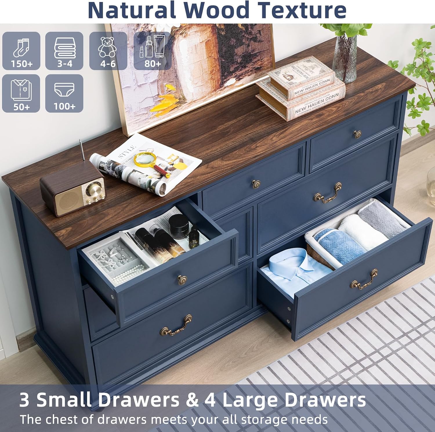 Joaxswe Farmhouse 54' 7 Drawers Dresser for Bedroom, Wide Chest of Drawers w/ 4 Wooden Legs, Vintage Rustic Large Closet Storage Dressers Organizer for Hallway, Wood TV Stand for Living Room, Blue