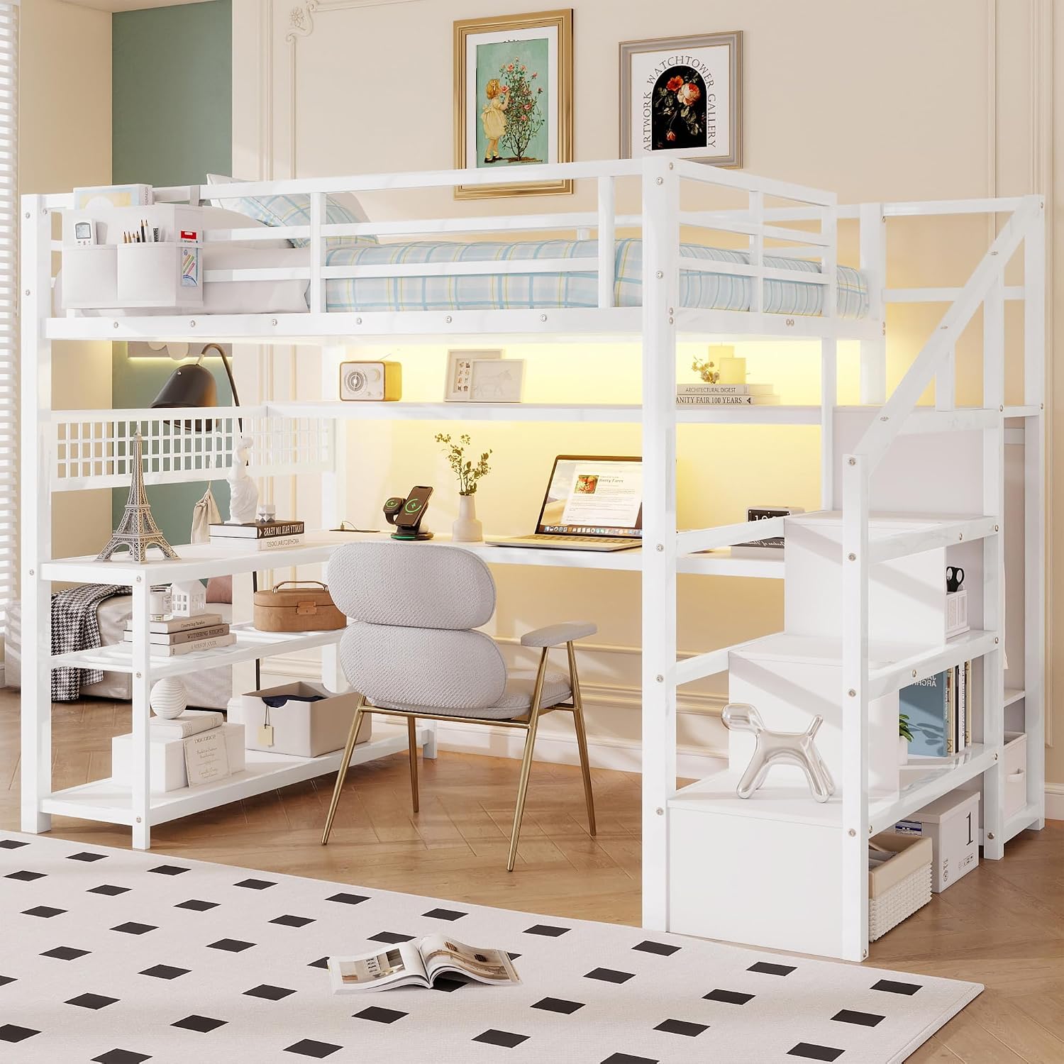 Full Size Loft Bed with Stairs and Desk,Metal Gaming LoftBed with LED Lights,Charging Station, High Loft Beds Frame Full with Storage Shelves,Wardrobe for Teens, Adults, White