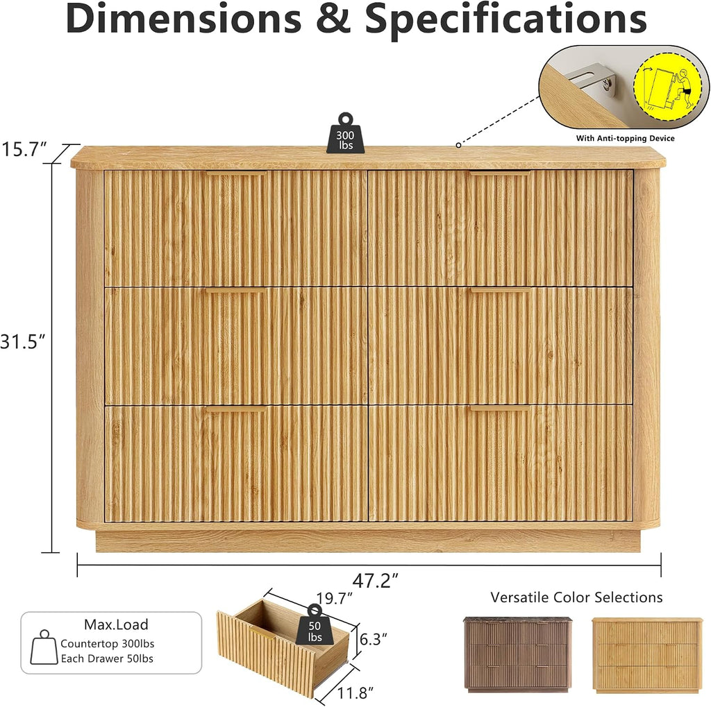 win2win 6 Drawer Dresser, Modern Dresser with Storage, 47' Wide Fluted Chest of Drawers with Faux Marble Top, Dressers TV Stand, Minimalist Drawers Organizer for Bedroom, Living Room, Hallway, Oak