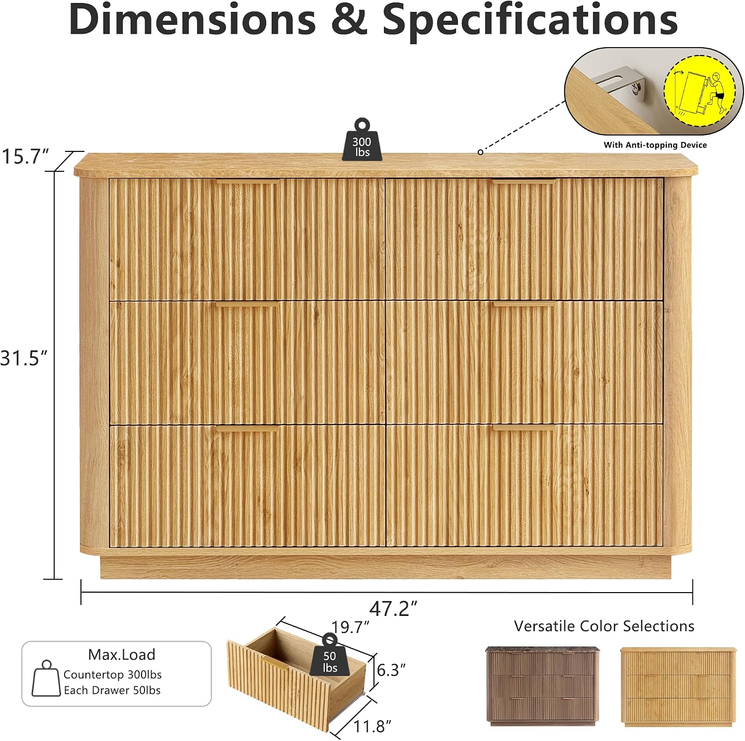 win2win 6 Drawer Dresser, Modern Dresser with Storage, 47' Wide Fluted Chest of Drawers with Faux Marble Top, Dressers TV Stand, Minimalist Drawers Organizer for Bedroom, Living Room, Hallway, Oak