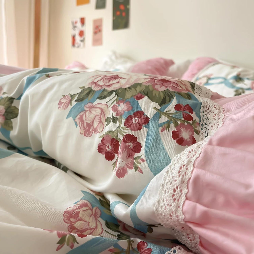 LELVA Romantic Rose Flower Print Bedding for Girls Duvet Cover Set with Bed Skirt Pink Lace Ruffle Floral Shabby Bedding Sets Full Piece