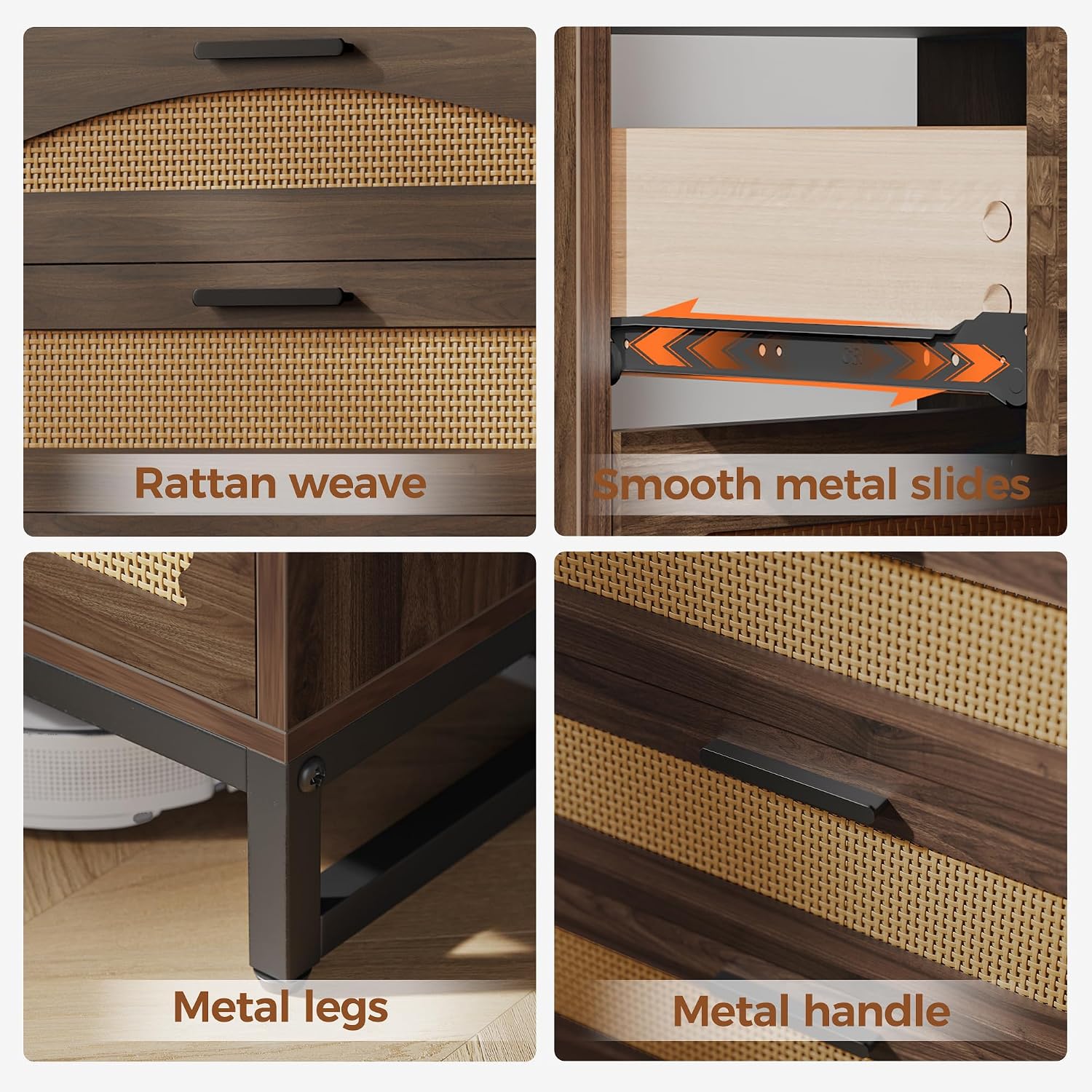 Mericonia 3 Drawer Rattan Dresser for Bedroom, Wood Dresser for Closet with Metal Handles, Small Boho Nightstand Sets, Dressers & Chests of Drawers for Bedroom, Hallway and Entryway, Walnut