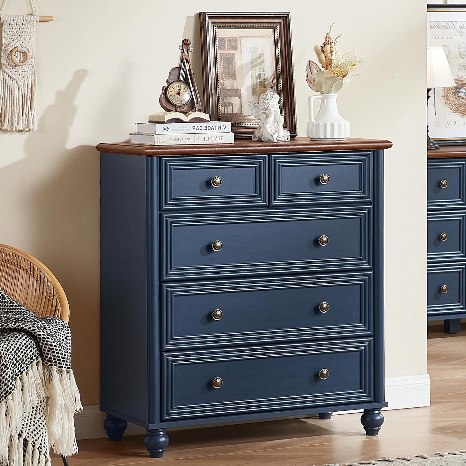 RWYHG Farmhouse 5 Drawer Dresser, Blue Rustic Chest of Drawers, 35.5' Tall Small Dressers for Bedroom with Roman Column and Metal Handles,Wood Storage Organizer for Living Room, Hallway, Closet