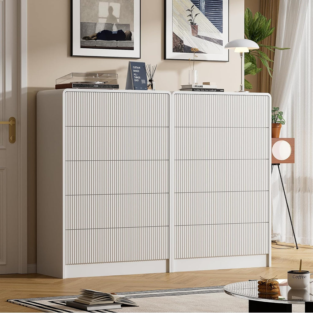Furniway White 5 Drawer Dresser for Bedroom, Curved Tall Dresser with Push-to-Open Design, Chest of Drawers for Bedroom, Living Room, Hallway, 15.7'D x 32'W x 47.2'H