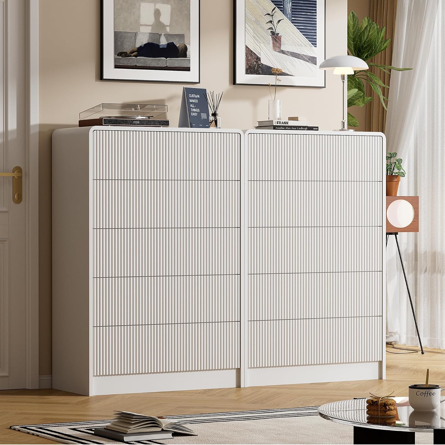 Furniway White 5 Drawer Dresser for Bedroom, Curved Tall Dresser with Push-to-Open Design, Chest of Drawers for Bedroom, Living Room, Hallway, 15.7'D x 32'W x 47.2'H